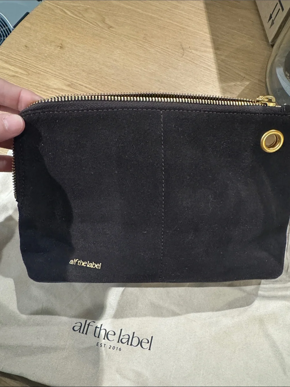 alf the label Dark chocolate Suede Zip Clutch/pouch
